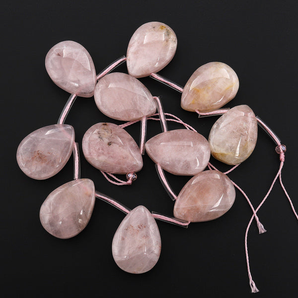 Large Natural Rose Quartz Teardrop Pendant Beads Top Side Drilled Focal Pink Pear Gemstone 15.5" Strand