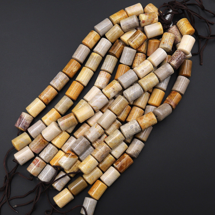 Large Natural Fossil Coral Beads Tube Cylinder 20x14mm Gemstone 8.5" Strand