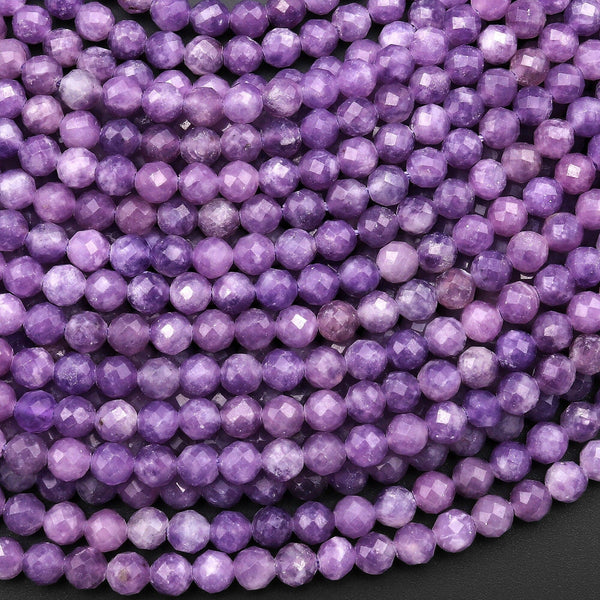 Faceted Natural Mauve Purple Lepidolite Faceted Round 3mm 4mm Beads 15.5" Strand