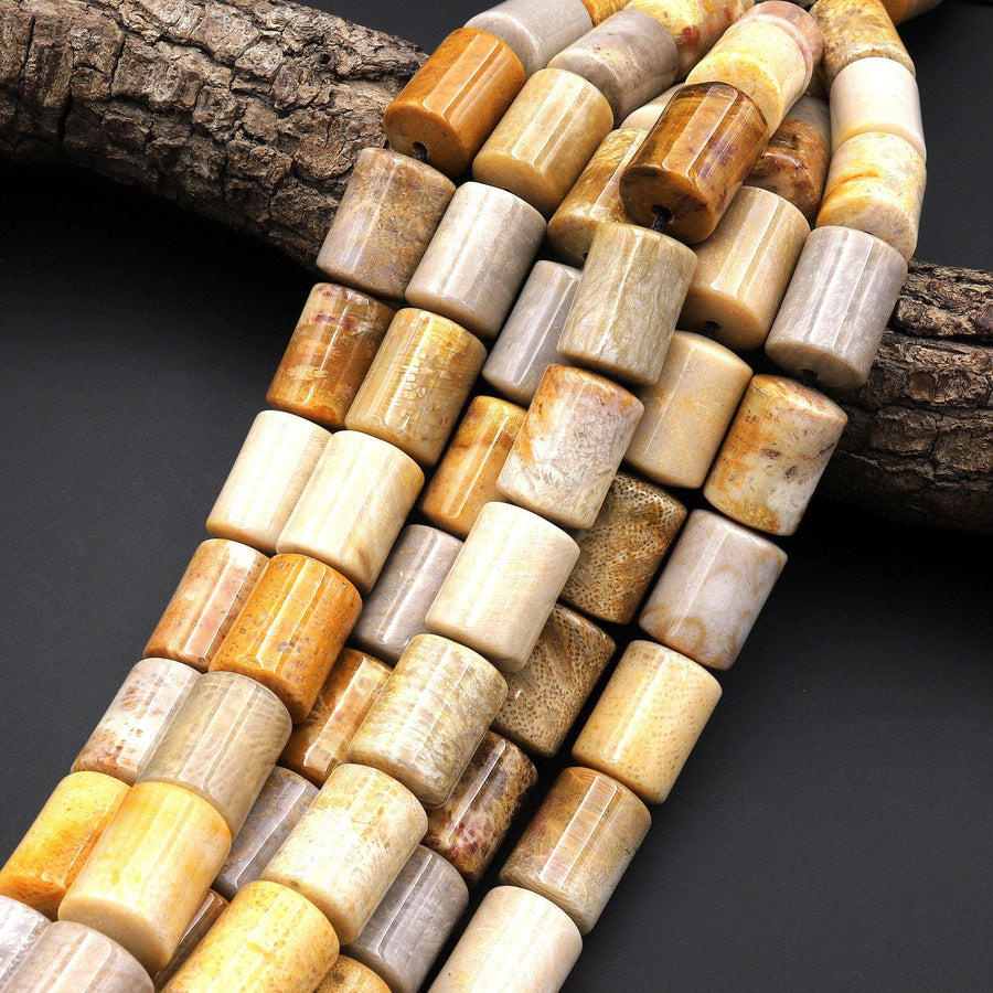 Large Natural Fossil Coral Beads Tube Cylinder 20x14mm Gemstone 8.5" Strand