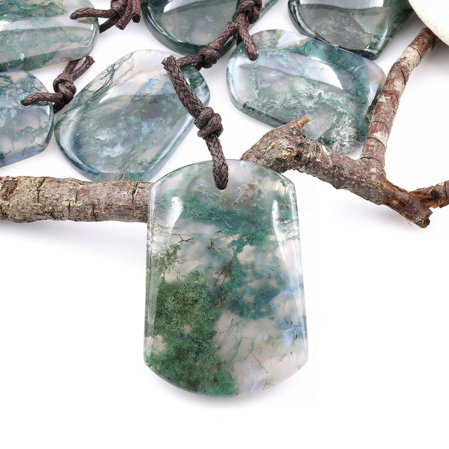 Large Natural Green Moss Agate Trepezoid Pendant Gemstone Focal Bead A3