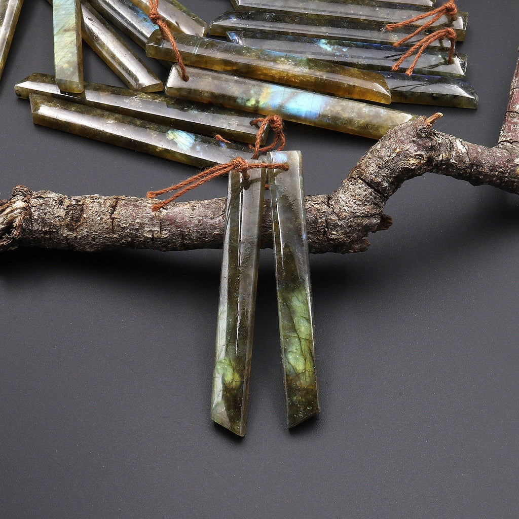 Natural Labradorite Earring Pair Thin Long Beveled Rectangle Spick Drilled Matched Gemstone Beads A1