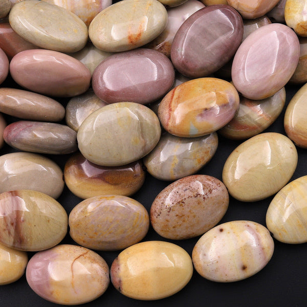 Natural Polychrome Landscape Ocean Jasper Smooth Oval Beads Earthy Yellow Brown PInk 15.5" Strand
