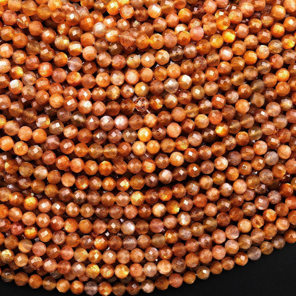 AAA Faceted Natural Sunstone Round Beads 4mm Fiery Orange Brown Gemstone 15.5" Strand