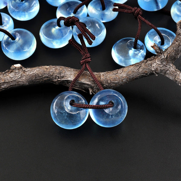 AAA Natural Blue Aquamarine Circular Coin Earrings 8mm 9mm 10mm 11mm 12mm Drilled Gemstone 3D