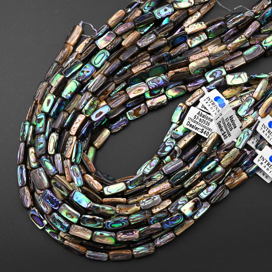 AAA Natural Abalone Tube Beads Iridescent Rainbow Glow Blue Green Red Pink Flash 15.5" Strand
