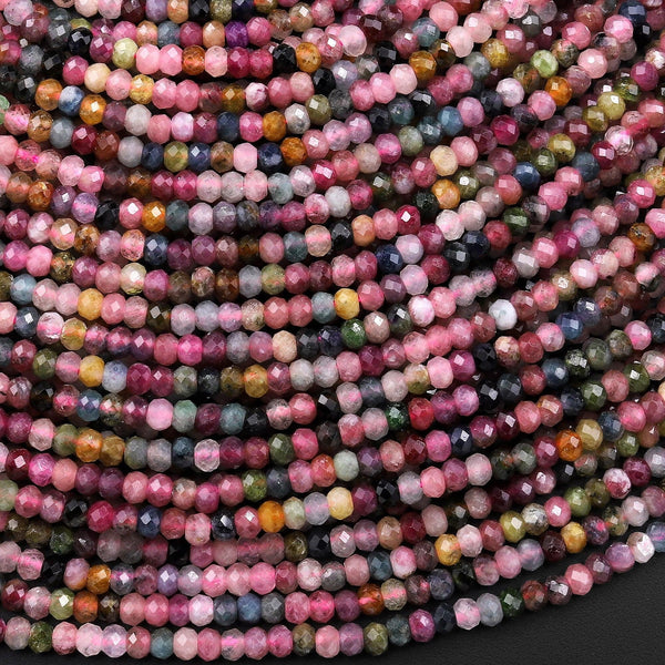 Natural Multicolor Watermelon Tourmaline Micro Faceted 3mm 4mm Rondelle Beads Pink Green Gemstone 15.5" Strand