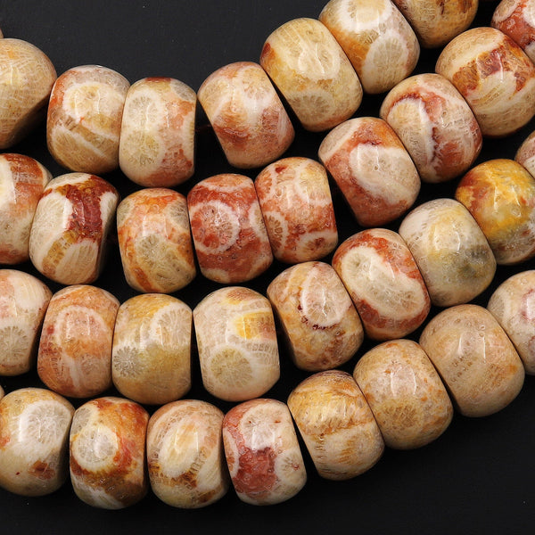 AAA Natural Fossil Coral Smooth Thick Rondelle Beads 12mm Orange Red Golden Brown Beige Tan Yellow Gemstone 15.5" Strand