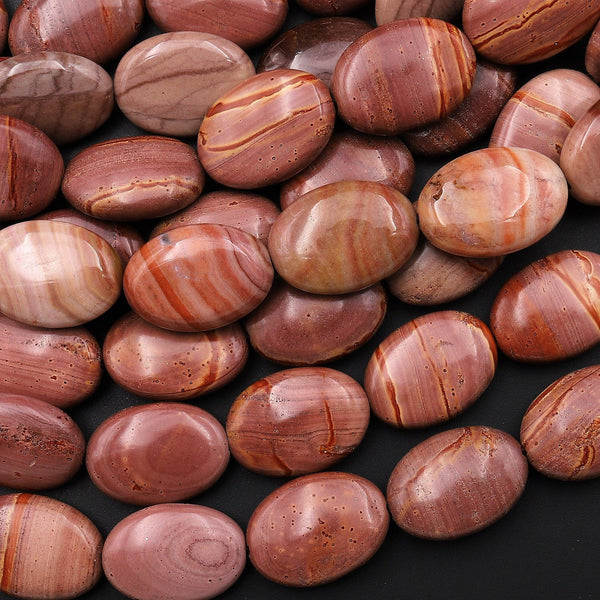 Natural Polychrome Landscape Ocean Jasper Smooth Oval Beads Earthy Red Veins Bands 15.5" Strand