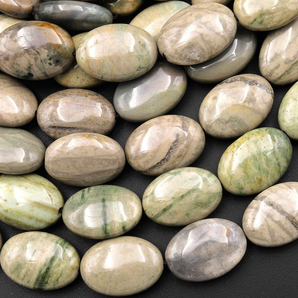 Natural Polychrome Landscape Ocean Jasper Smooth Oval Beads Earthy Green Gray 15.5" Strand