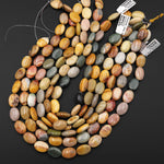 Natural Polychrome Landscape Ocean Jasper Smooth Oval Beads Earthy Green Yellow Brown Pink 15.5" Strand