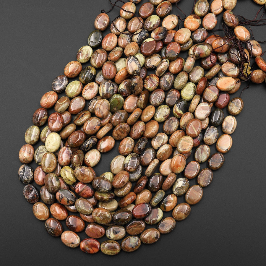 From Oregon Natural Carrasite Jasper Smooth Oval Beads Earthy Green Orange Brown American Gemstone 15.5" Strand