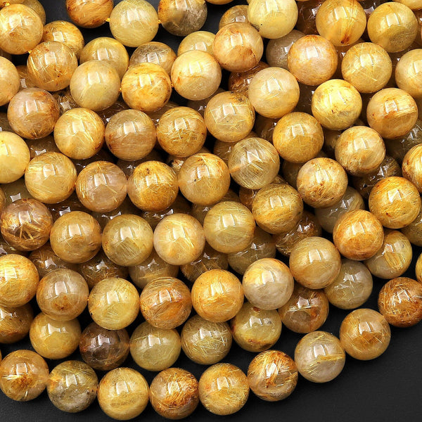 Natural Bright Golden Yellow Rutile Quartz 6mm 8mm Round Beads 15.5" Strand