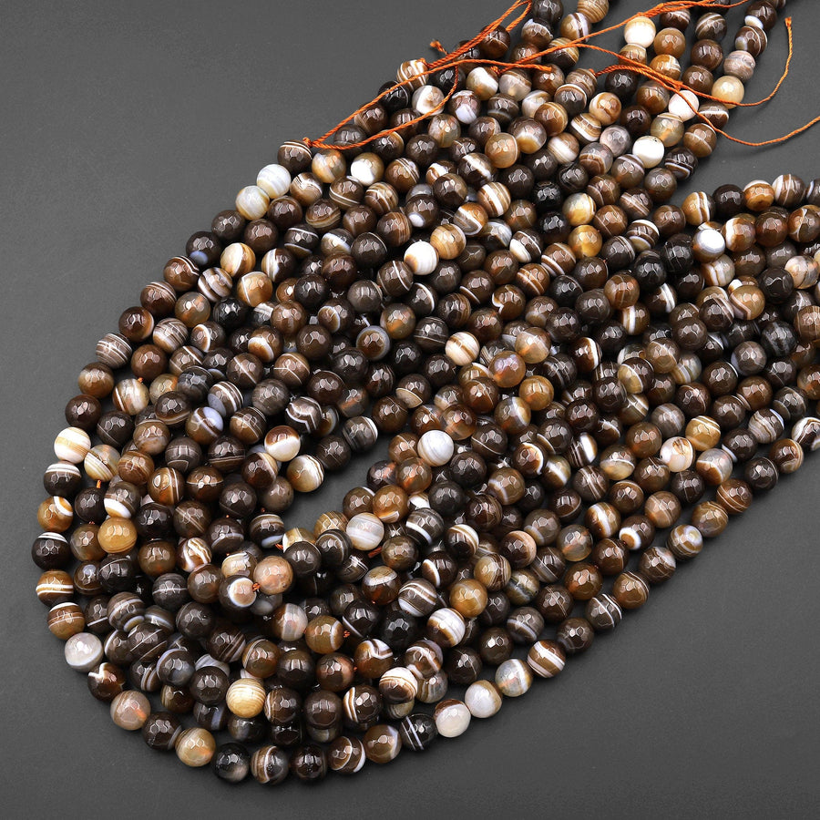 Faceted Brown Tibetan Striped Agate 8mm Round Beads Amazing Veins Bands Antique Boho Mala Beads 15.5" Strand