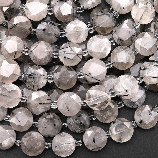 Faceted Natural Black Rutilated Smoky Quartz Coin 10mm Beads 15.5" Strand