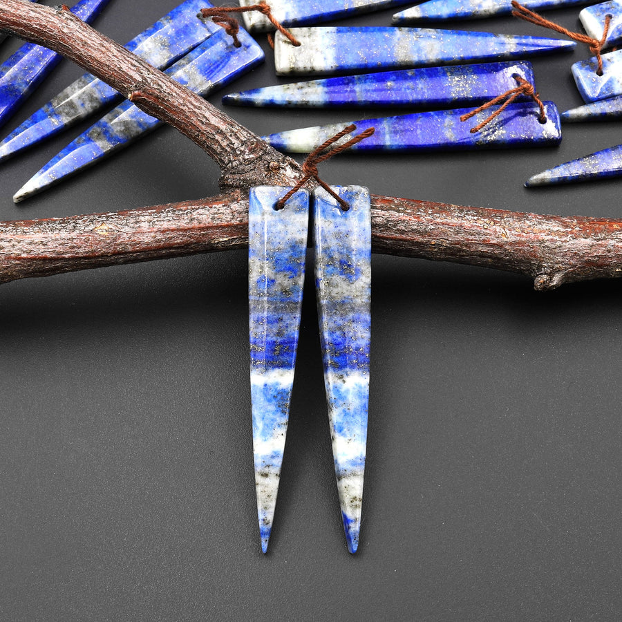 Natural Blue Lapis Earring Pair Modern Long Dagger Triangle Matched Gemstone Beads
