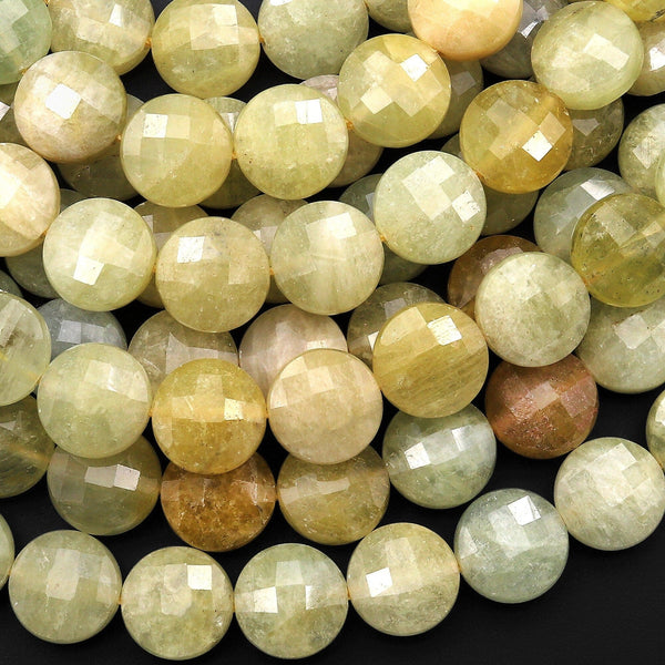 Rare Faceted Natural Yellow Aquamarine Heliodor Coin 10mm Beads 15.5" Strand