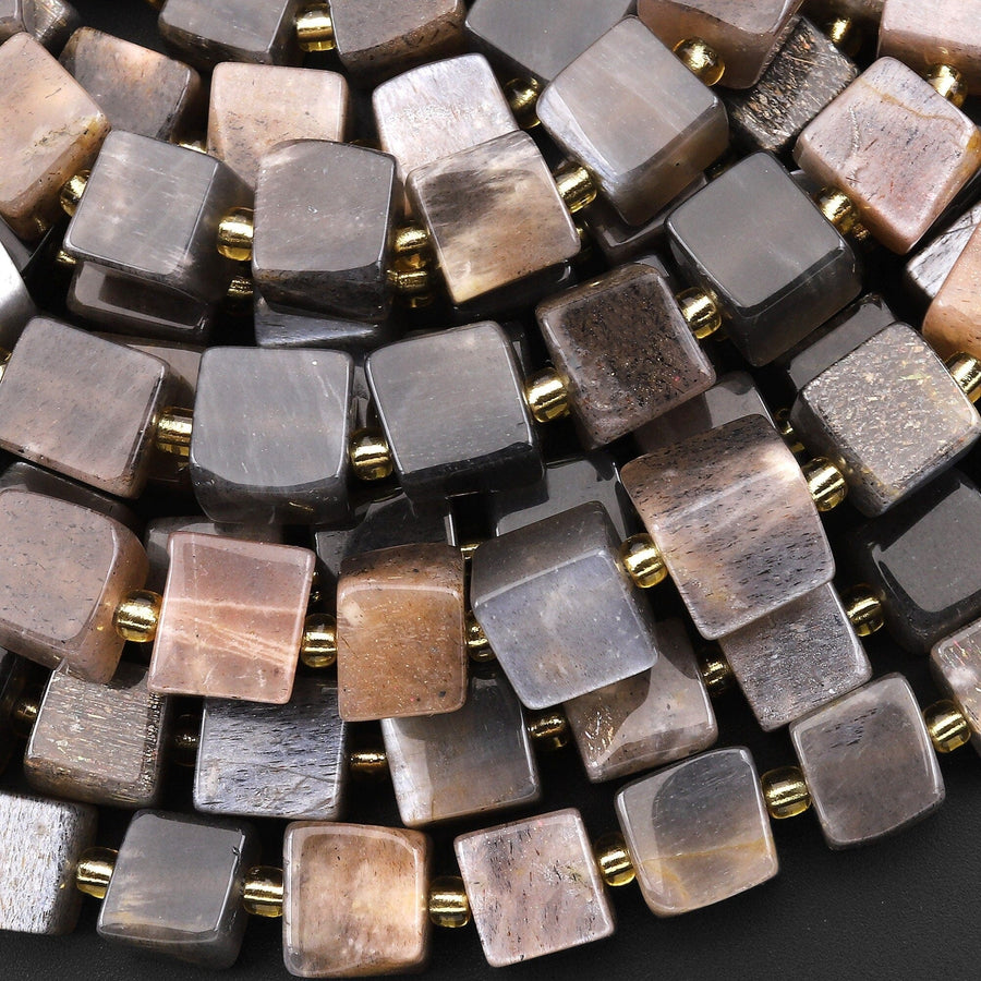 Natural Black Moonstone 8mm Square Cube Beads 15.5" Strand