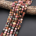 Natural Pink Tourmaline 6mm 8mm Square Cube Beads 15.5" Strand