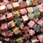 Natural Pink Tourmaline 6mm 8mm Square Cube Beads 15.5" Strand