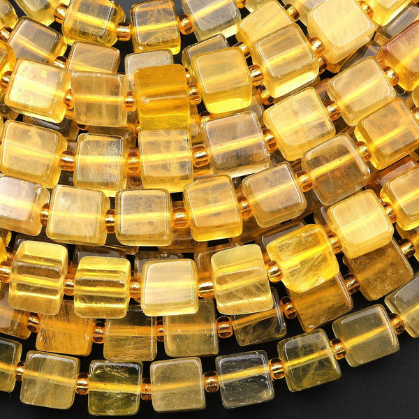 Rare Natural Golden Yellow Fluorite Cube Square 7mm 8mm Beads Gemstone 15.5" Strand