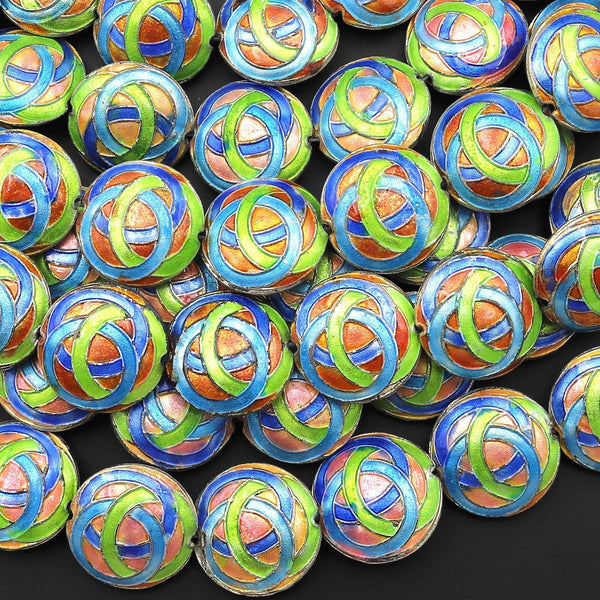 Infinity Knot Hand Made Cloisonné Coin Disc Beads 20mm Decorative Enamel Orange Blue Green 15.5" Strand