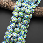 Infinity Knot Hand Made Cloisonné Coin Disc Beads 20mm Decorative Enamel Blue Green 15.5" Strand