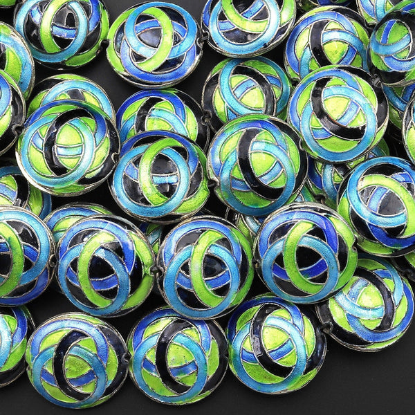Infinity Knot Hand Made Cloisonné Coin Disc Beads 20mm Decorative Enamel Black Blue Green 15.5" Strand