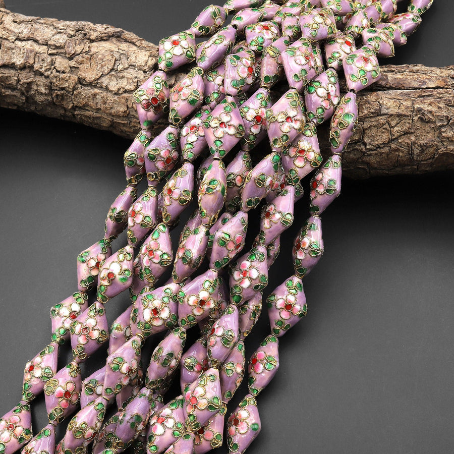 Hand Made Violet Purple Cloisonné Diamond Bead 20mm Decorative Floral 15.5" Strand