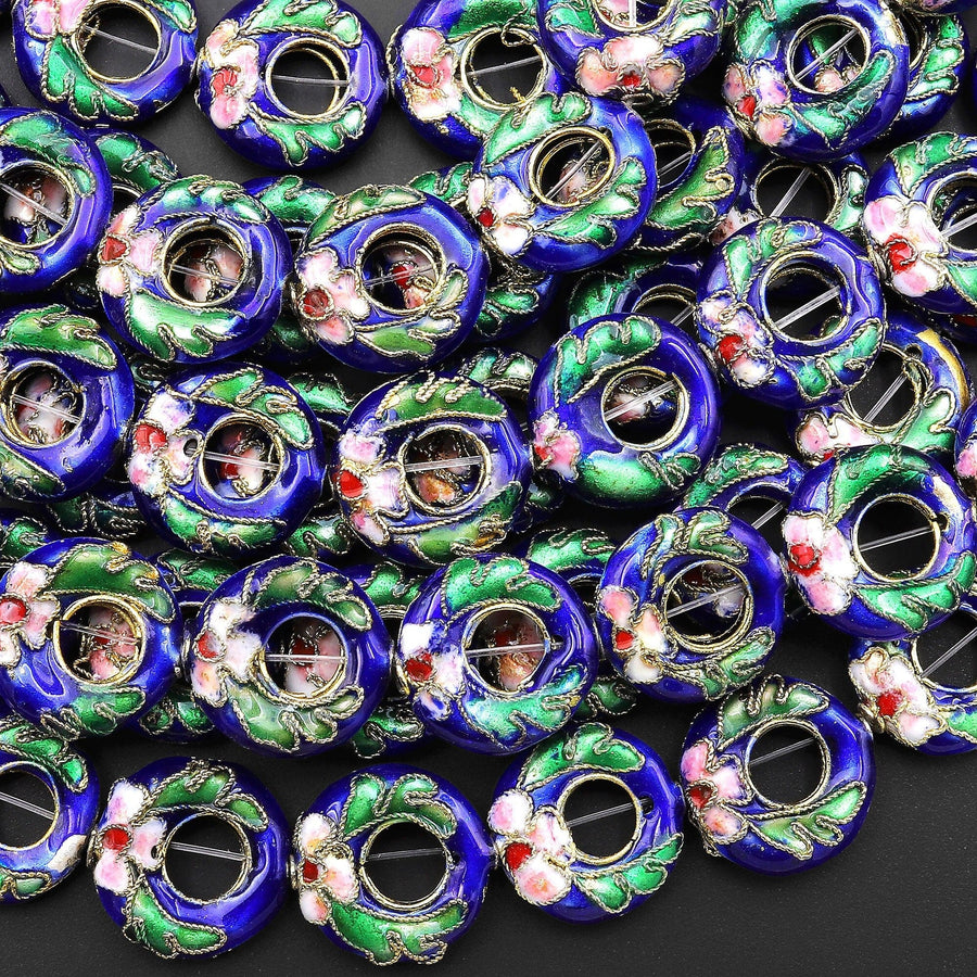 Hand Made Cloisonné Blue Donut Beads 15mm Decorative Floral Enamel 15.5" Strand