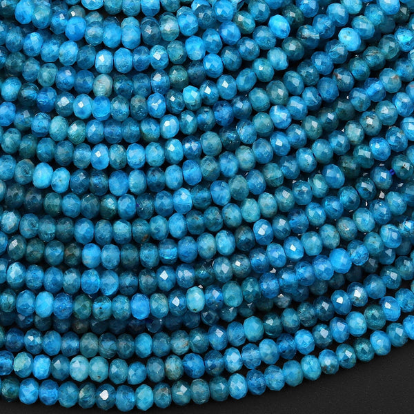 AAA Faceted Natural Blue Apatite 4mm Rondelle Beads Micro Cut Gemstone 15.5" Strand