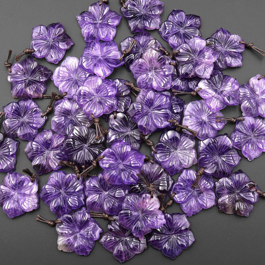Hand Carved Real Natural Purple Amethyst Flower Pendant Gemstone Bead