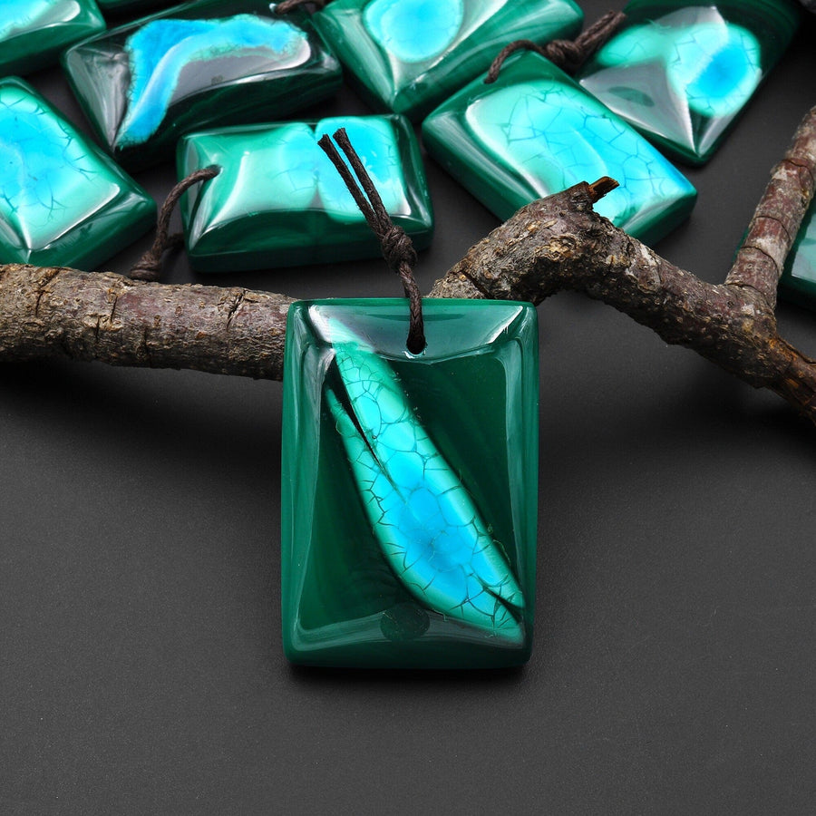 Extremely Rare Natural Blue Chrysocolloa Green Malachite Rectangle Pendant A2