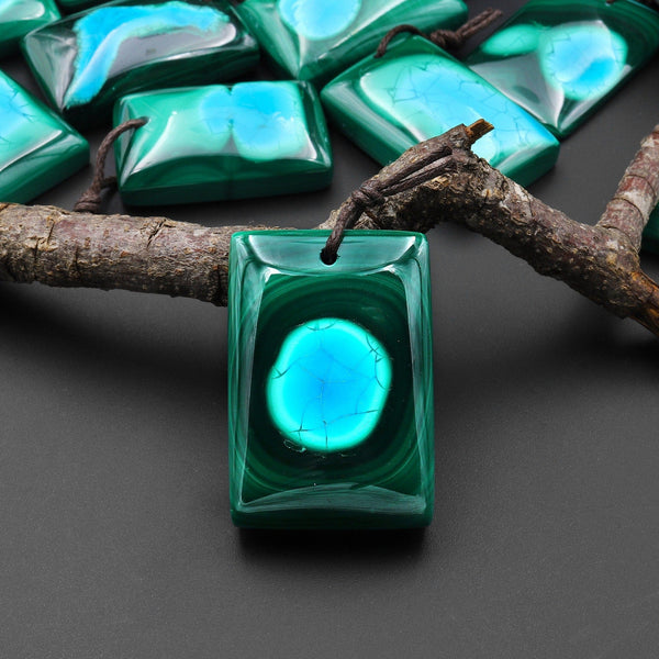 Extremely Rare Natural Blue Chrysocolloa Green Malachite Rectangle Pendant A4