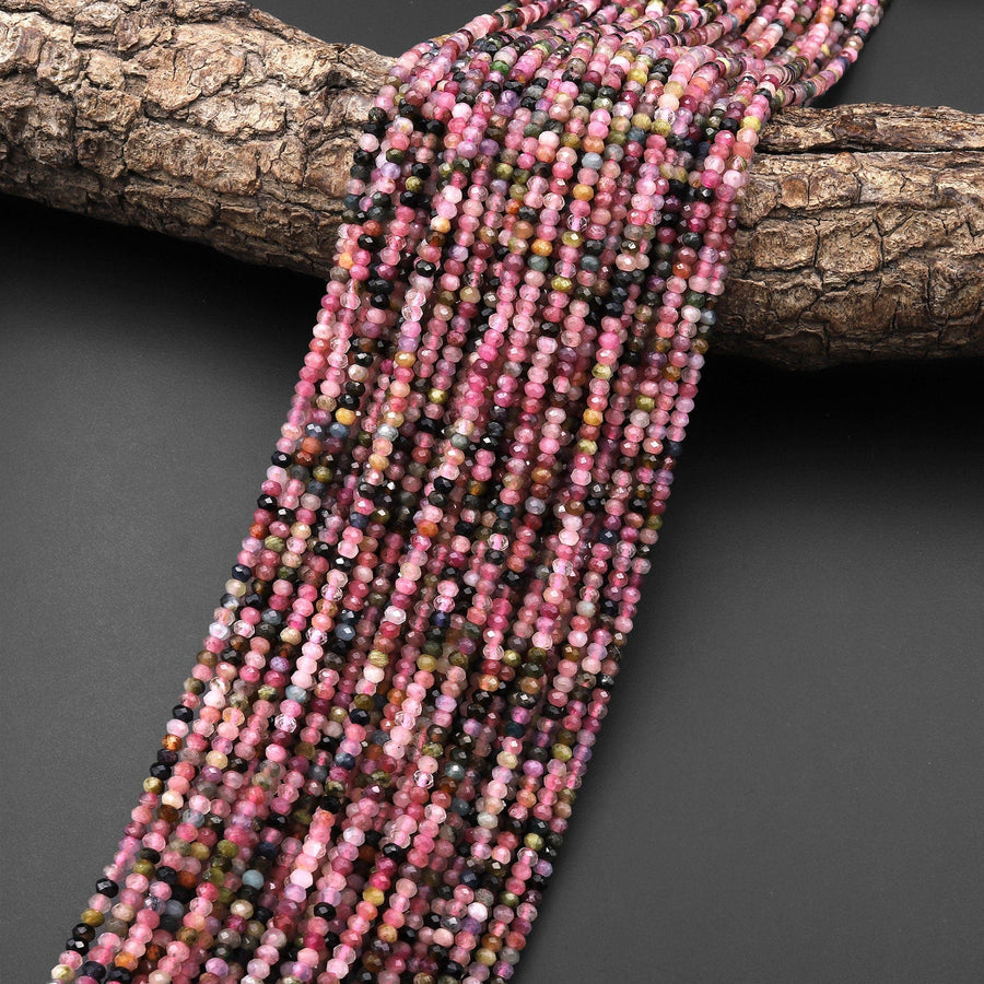 Small Faceted Natural Pink Green Tourmaline 3mm Rondelle Beads Gemstone 15.5" Strand