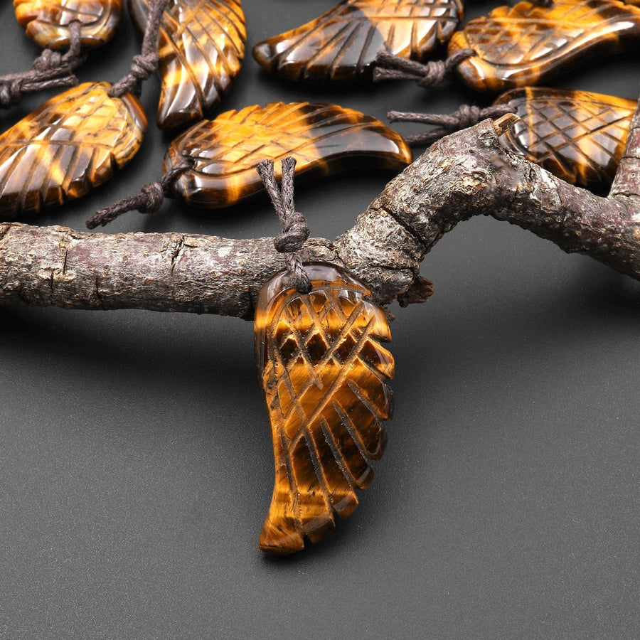 Hand Carved Tiger's Eye Angel Wing Pendant Bead Drilled Gemstone A1