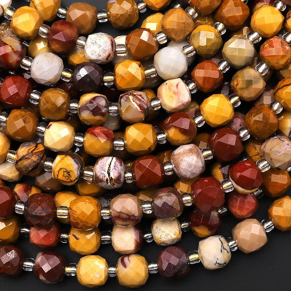 Faceted Natural Australian Mookaite Jasper Beads 7mm 8mm Cube Sunset Colors Red Yellow Maroon 15.5" Strand