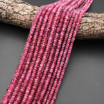 AAA Faceted Natural Pink Tourmaline Thin Rondelle 4mm Beads Micro Diamond Cut Gemstone 15.5" Strand
