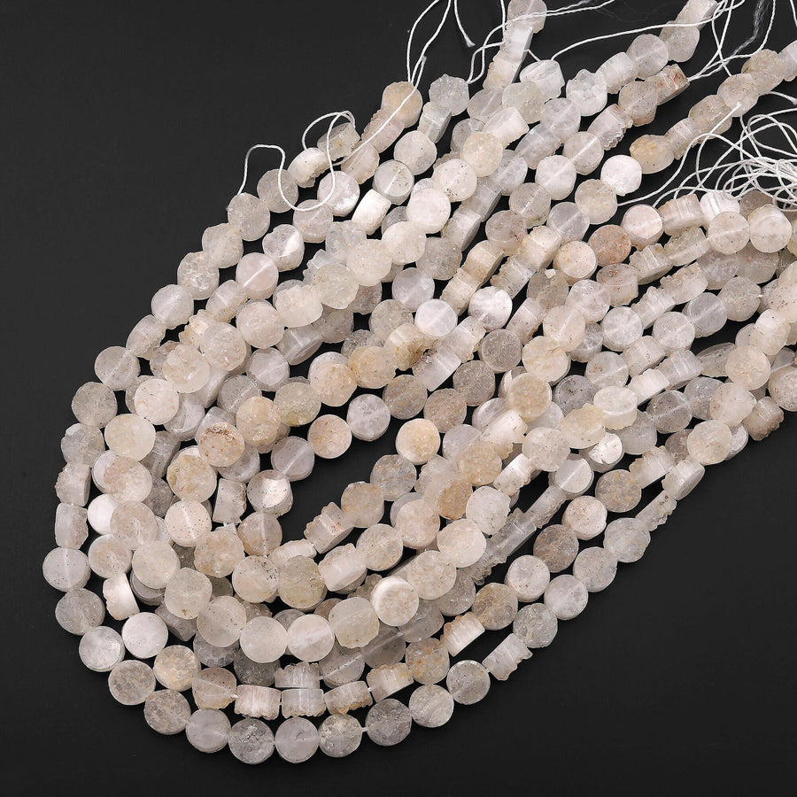 Natural Rock Crystal Quartz Druzy Raw Drusy Coin 10mm 12mm Beads 15.5" Strand