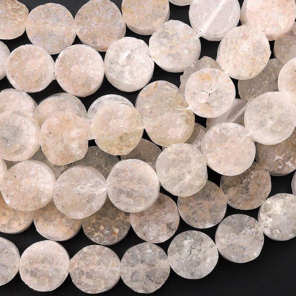 Natural Rock Crystal Quartz Druzy Raw Drusy Coin 10mm 12mm Beads 15.5" Strand