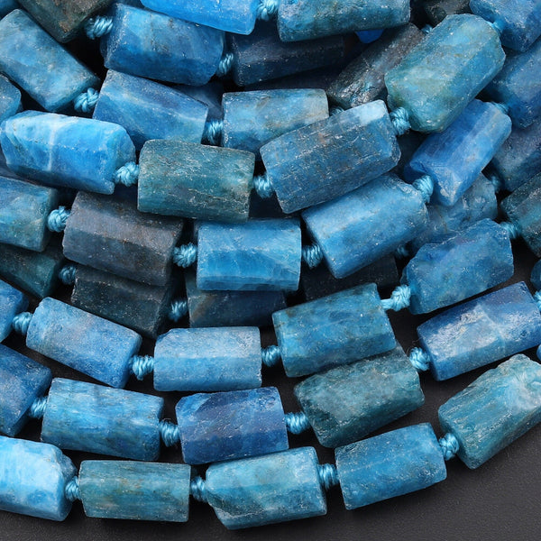 Matte Faceted Natural Blue Apatite Tube Beads Gemstone 15.5" Strand