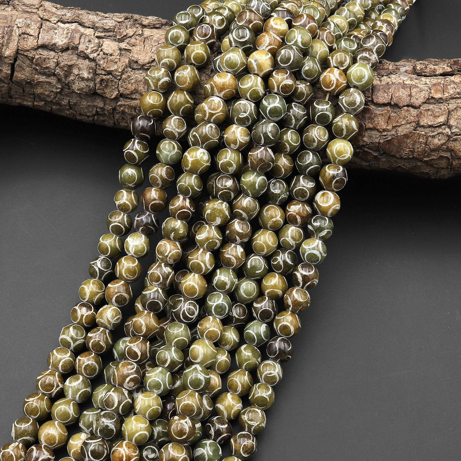 Hand Carved Natural Brown Green Soochow Jade 8mm 10mm Round Beads Antique Looking 15.5" Strand