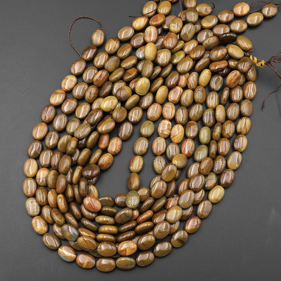 Extremely Rare Natural Greenish Brown Cripple Creek Jasper Oval Beads 15.5" Strand