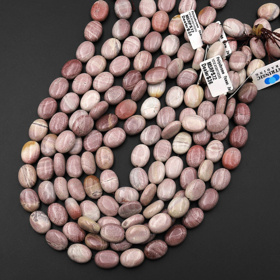 Natural Polychrome Landscape Ocean Jasper Smooth Oval Beads Earthy Mauve 15.5" Strand