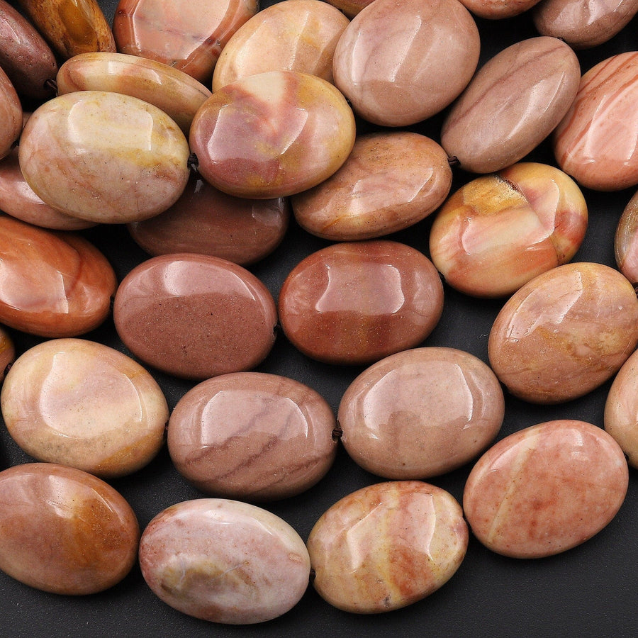 Natural Polychrome Landscape Ocean Jasper Smooth Oval Beads Earthy Red Brown Pink Colors 15.5" Strand