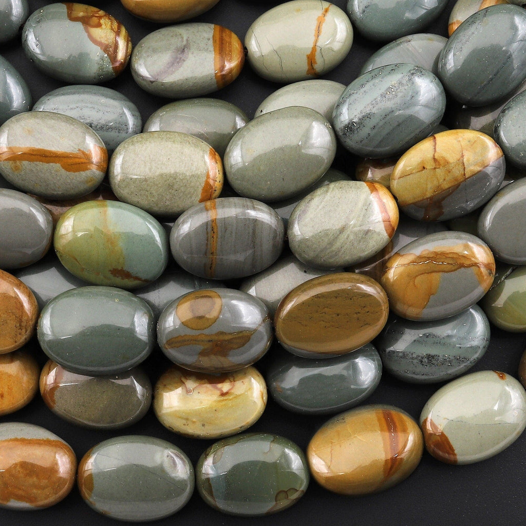 Extremely Rare Natural Slate Green Cripple Creek Jasper Oval Beads 15.5" Strand