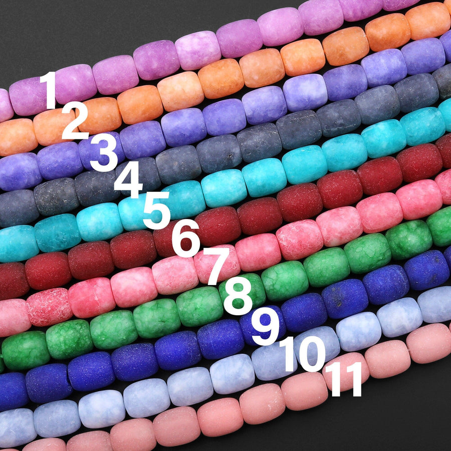 Matte Jade Smooth Tube Drum Cylinder 10mm Beads Blue Green Pink Yellow Purple Gray Red Fuchsia Colors 15" Strand