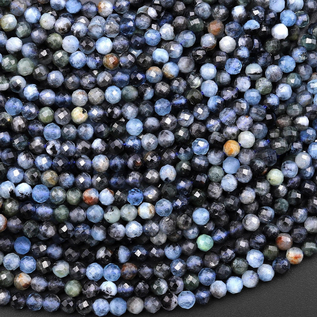 Faceted Natural Dark Blue Aquamarine 3mm Round Beads 15.5" Strand