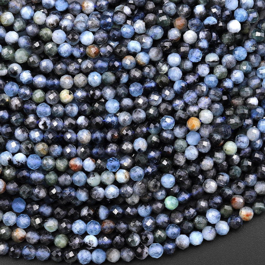 Faceted Natural Dark Blue Aquamarine 3mm Round Beads 15.5" Strand