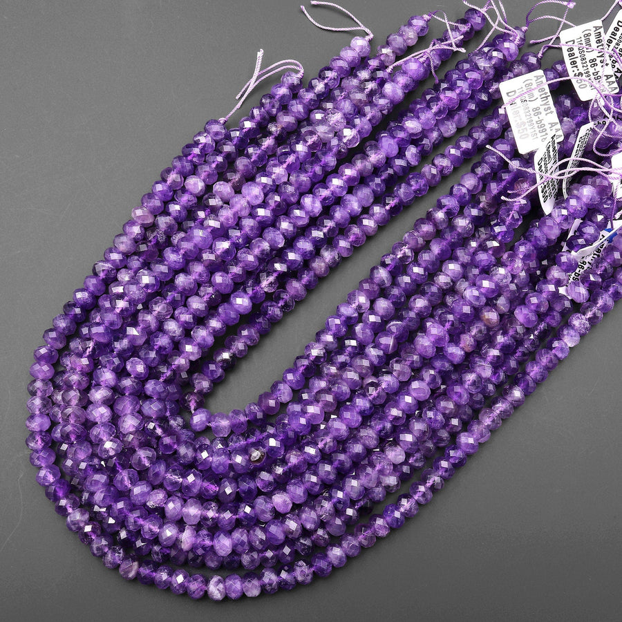 AAA Faceted Natural Amethyst 6mm 8mm rondelle Beads 15.5" Strand